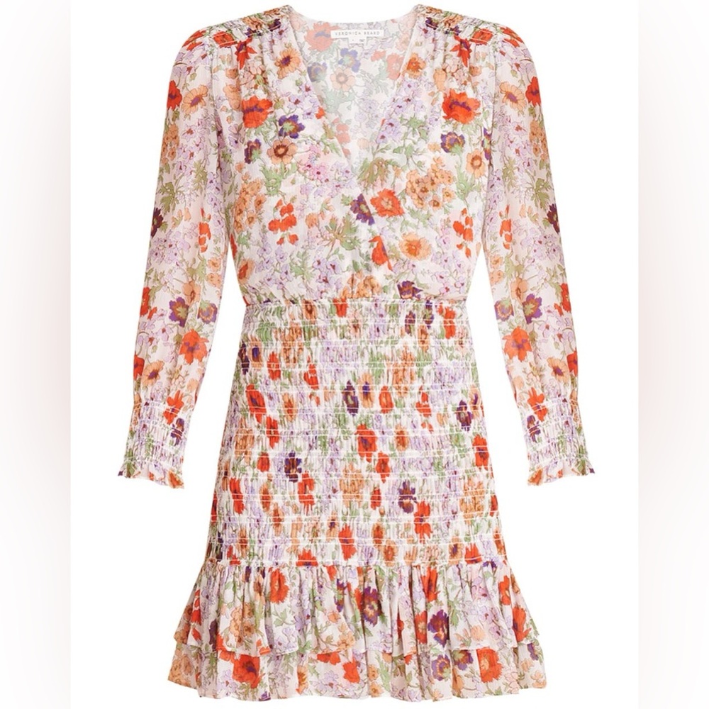 Veronica Beard Floral Mini Dress in Cream, Orange, Purple, Green